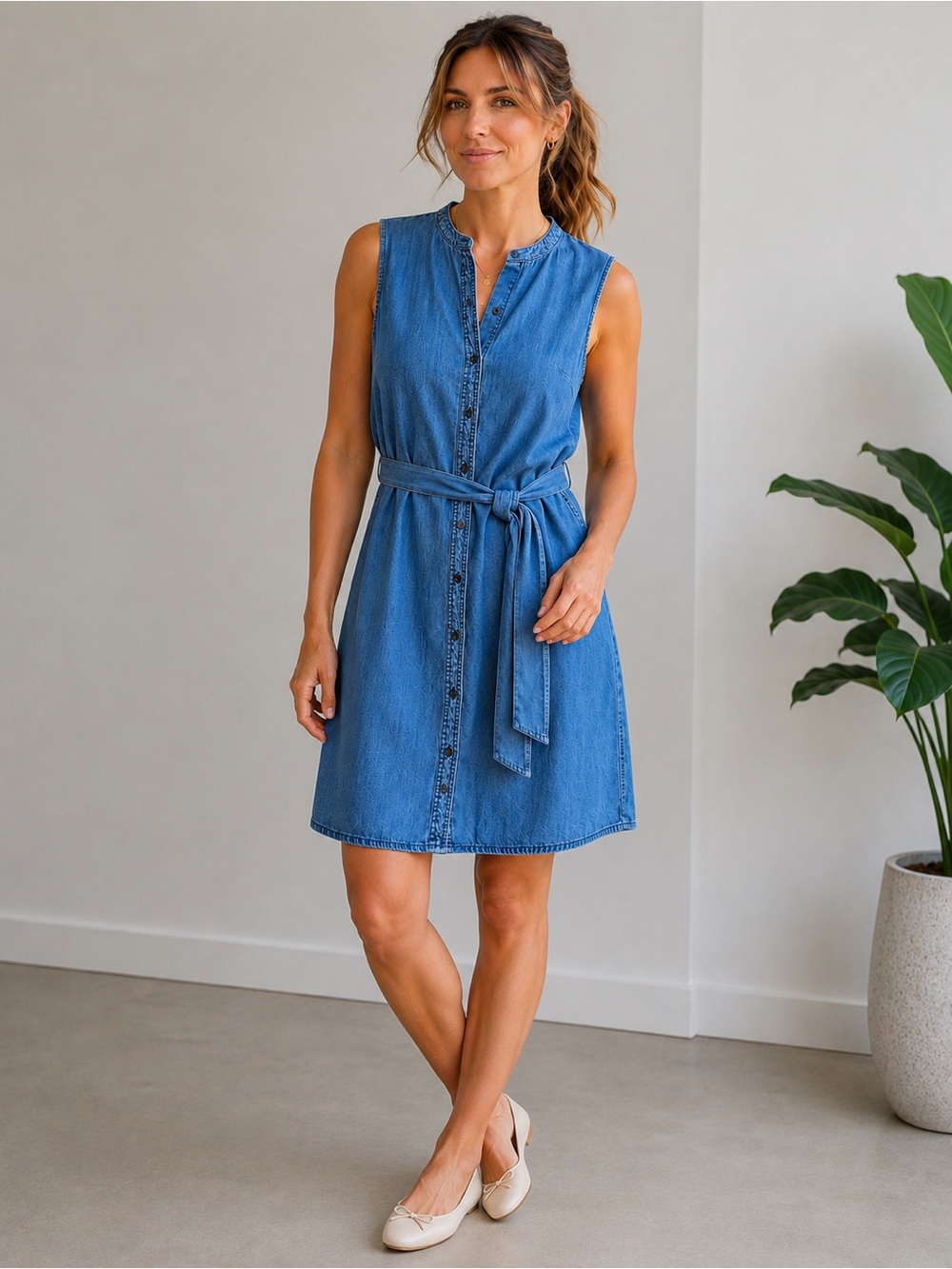 J.Crew Blue Denim Sleeveless Shirt Dress with Tie Waist | Size M